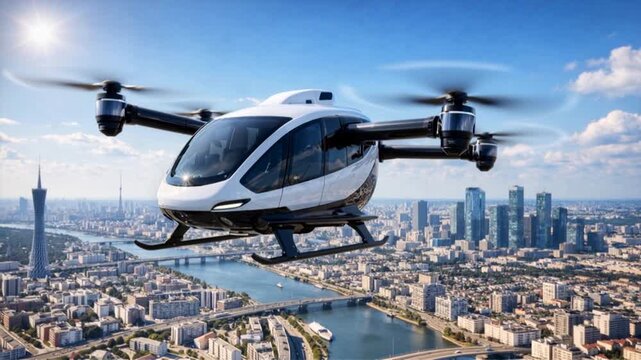 Electric passenger eVTOL flying taxi vehicle hovering over modern metropolitan city skyline