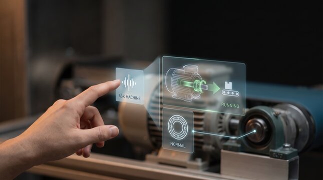 Conversational Factory Machine - Hand checking motor status with ASK MACHINE, confirming it is running and its bearing condition is normal.