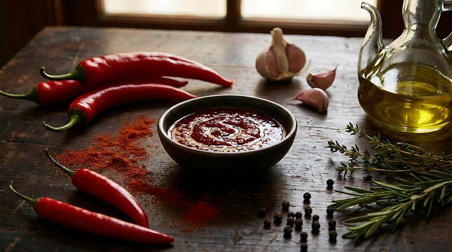 Spices and chili peppers arranged with garlic and olive oil for homemade marinade preparation. marinade variations