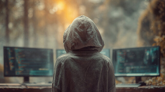 A hooded programmer working at a desk with multiple monitors displaying complex computer code