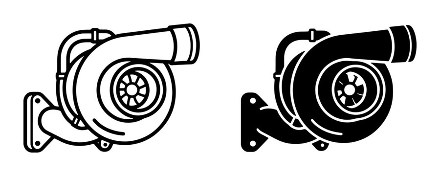 Turbocharger Icons, Automotive Engine Boost Component Vector Graphics, Mechanical Turbocharger Symbol, Performance Part Illustration, Black and White Industrial Design