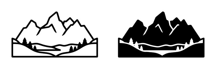Fototapeta premium Mountain Landscape Icons, Silhouette and Outline, Nature Scenery, Outdoor Adventure Graphics, Vector Art for Travel and Exploration