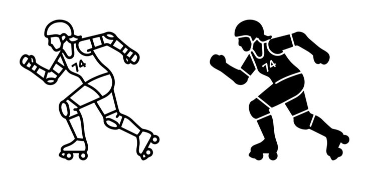 Roller Derby Athlete Icons, Line Art and Silhouette Vector Graphics for Sports and Fitness Design