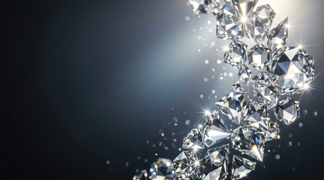 A cluster of sparkling diamonds floats against a dark, gradient background. The diamonds appear to be suspended in mid-air, creating a sense of magic and luxury.