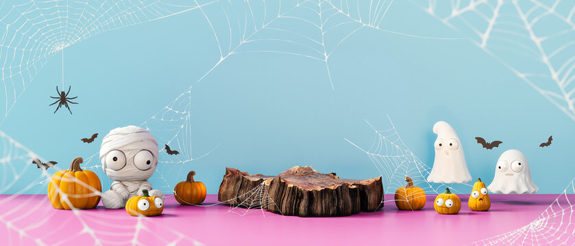 Happy Halloween. Halloween symbols with copy space on blue background. 3D Rendering, 3D Illustration