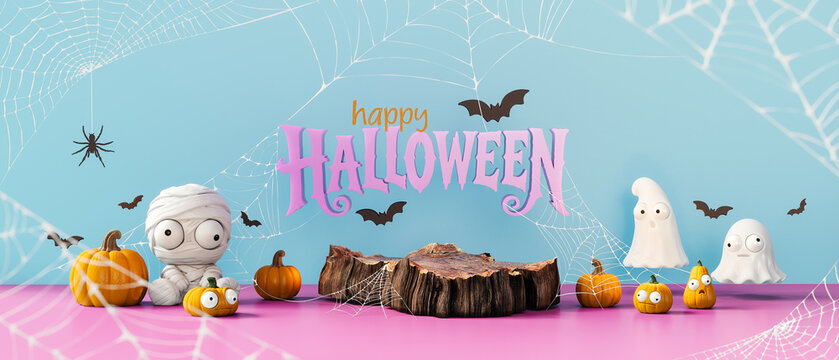 Happy Halloween. Halloween symbols with Happy Halloween text on blue background. 3D Rendering, 3D Illustration