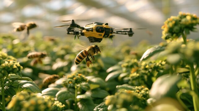 Drone robot and natural bees work together to pollinate plants in a greenhouse, showcasing agricultural technology and ecosystem balance.