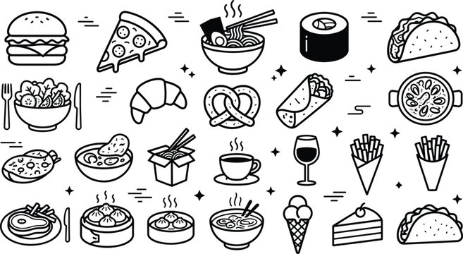 Fast food and international cuisine vector set featuring burger pizza ramen sushi tacos dim sum outline icons