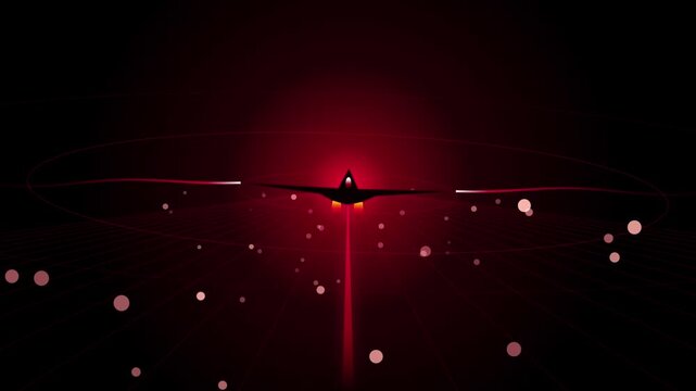 Futuristic stealth fighter jet flying through a neon red digital cyber grid space motion graphic