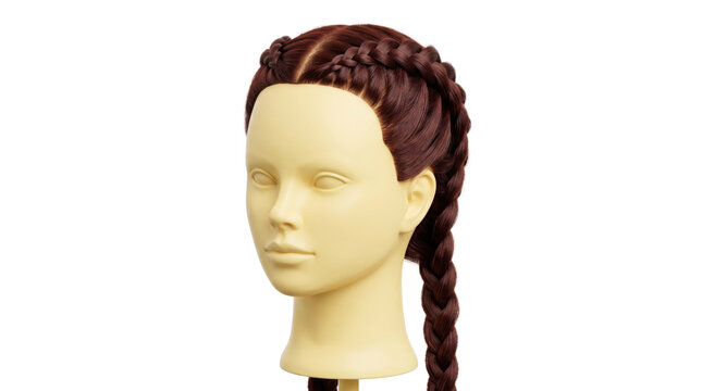 Braided brunette hair on mannequin head, professional salon styling with double dutch braids, auburn hair extensions on training doll for cosmetology