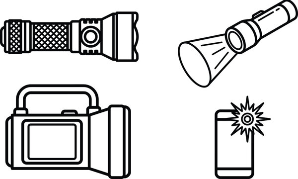 Flashlight vector set featuring tactical torch heavy hand lantern pocket light and smartphone camera flash icon outlines