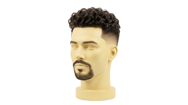 Male mannequin head with curly hair and beard, professional barber training bust with skin fade haircut, hairdressing practice model on white background