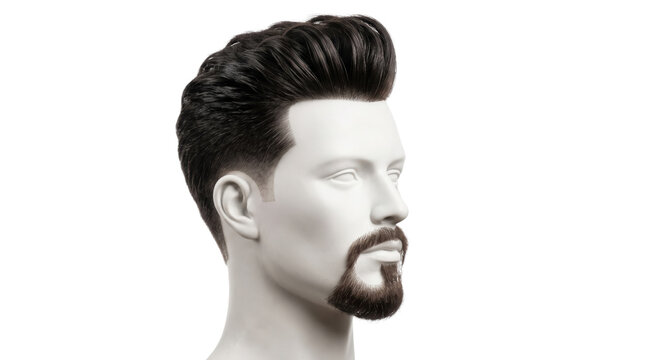 Modern pompadour hairstyle on male mannequin, stylish mens haircut with groomed goatee beard, professional barber shop hair styling display