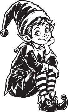 Cute Sitting Christmas Elf Line Art Icon Isolated Little Helper Illustration For Holiday Logo Design

