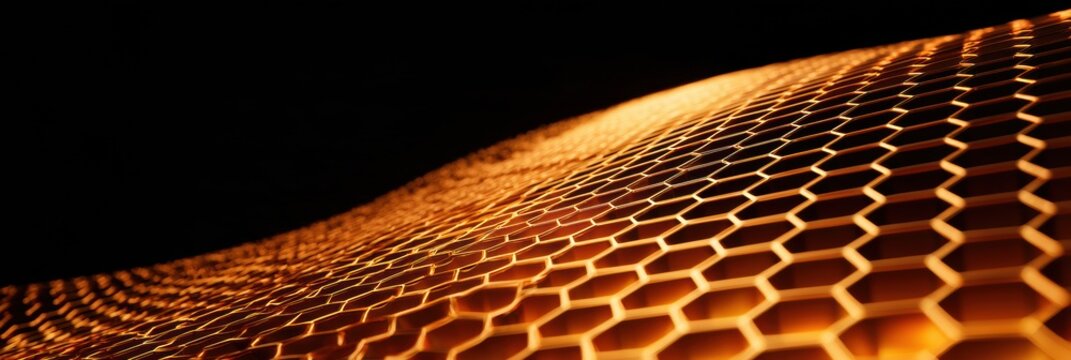 A honeycomb design expanding from small to large across a wide space. The warm colors contrast with the dark background.