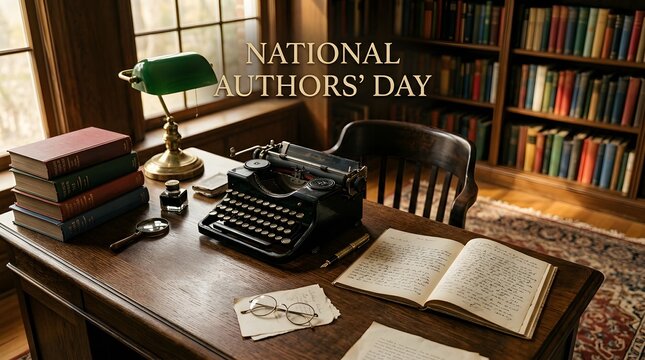 A vintage study room featuring an antique typewriter on a wooden desk with open books and a green banker lamp for national authors day