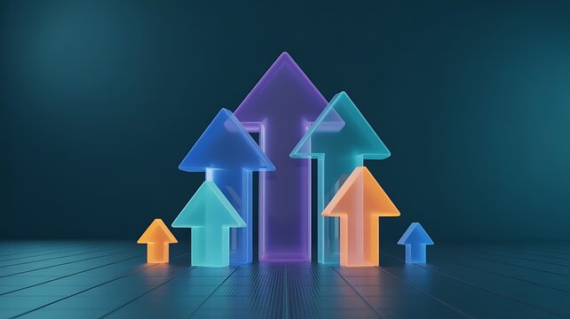 Neon arrows ascend signifying futuristic growth and technology advancement.