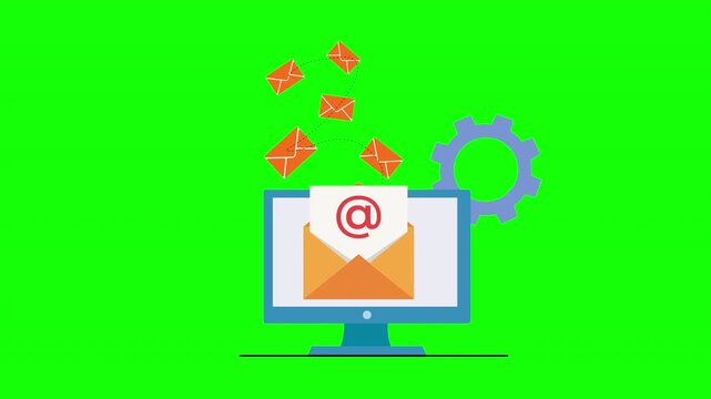 Email Communication Concept with Computer Monitor, Envelope, At Symbol and Flying Messages for Digital Business Correspondence