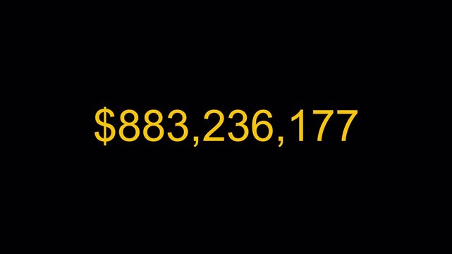 dollar number counter animation 0 to 3000000000 on black background, zero to three billion with dollar sign in 4k animation with alpha channel.