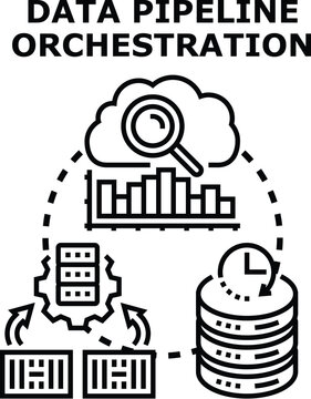 Data pipeline orchestration concept representing information flow, processing, analysis, and storage for efficient management and automation in modern data systems