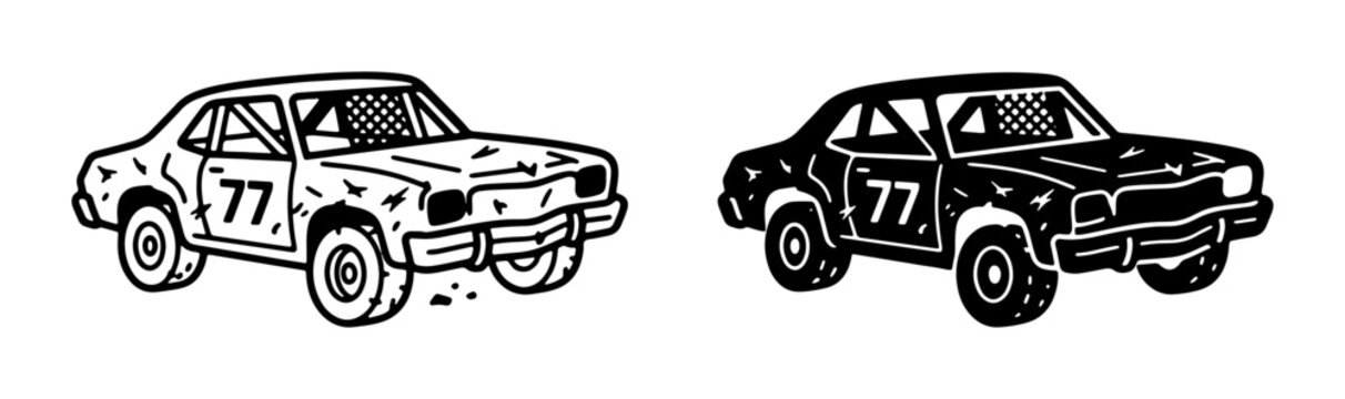 Demolition Derby Cars, Number 77 Race Vehicle Set, Vintage Stock Car Icons, Black and White Graphic Elements
