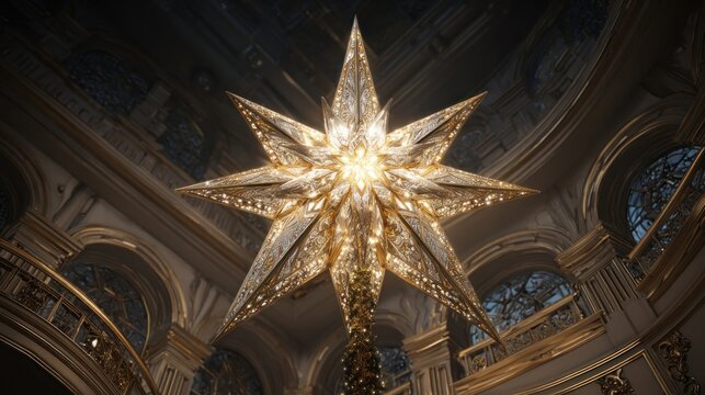 Ornate Christmas tree topper star shining brightly against ceiling,