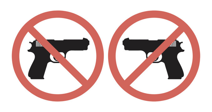 No guns allowed signs with red circle and line gun free zone, firearm prohibition symbol, weapon restriction, safety warning and security regulations.