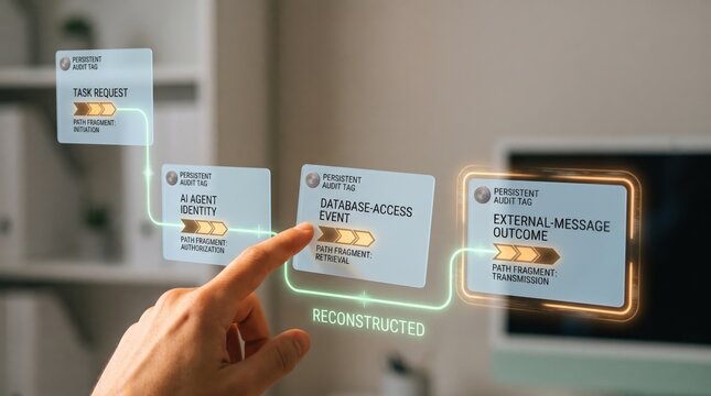 AI Agent Audit Trail - A person manually sorting evidence to trace how an AI system accessed a database and triggered an external message, conceptually illustrated.