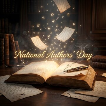 An open antique book on a wooden table with floating pages and glowing letters celebrating the creative spirit of national authors day event
