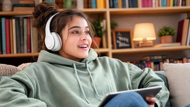 Teenage girl using digital tablet while wearing headphones at home. Close-up shot with slight camera tilting.
