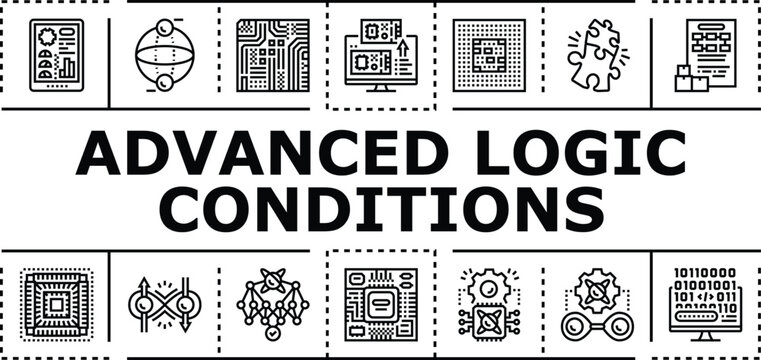 Advanced logic conditions banner infographic. Quantifier deduction, boolean expression, entailment axiom icon vector illustration