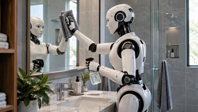 Humanoider Roboter reinigt einen Badezimmerspiegel mit Tuch und Spray. Modernes Zukunftsmotiv zu Haushalt, Reinigung, k&uuml;nstlicher Intelligenz und automatisierter Hausarbeit.