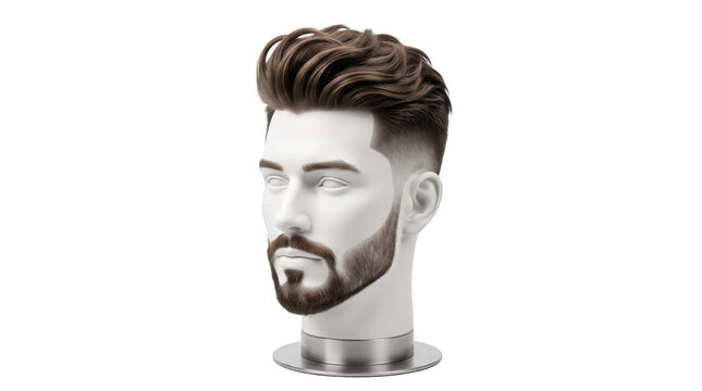 Modern male mannequin head with brown pompadour hairstyle, stylish mens haircut and beard on white background, professional barber shop display