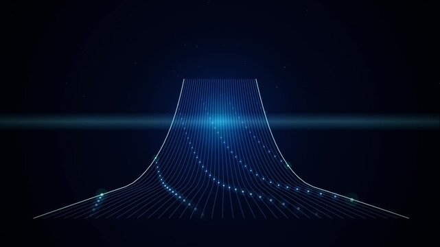 Blue wireframe data wave rising from dark digital surface