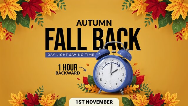 Autumn fall back daylight saving time poster with purple alarm clock and colorful leaves