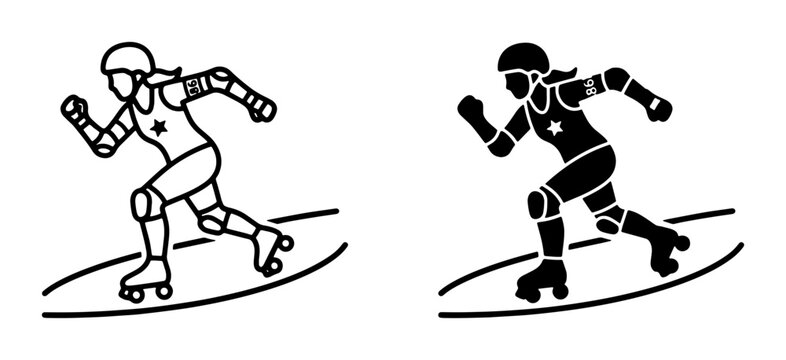 Roller Derby Athlete Silhouette, Action Pose, Protective Gear, Sport Vector Icon Set, Black and White Line Art