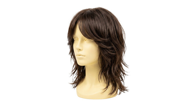 Brunette shag wig on mannequin head, layered brown synthetic hairpiece with bangs, professional hair styling display for salon and retail