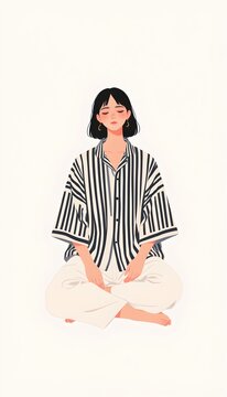 Minimalist character illustration of a person wearing a loose striped bohemian shirt and linen trousers, sitting cross legged on the floor, peaceful expression, simple flat shapes, white background