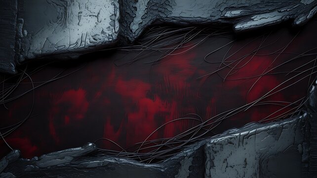 Abstract dark metallic frame with glowing red core and tangled wires