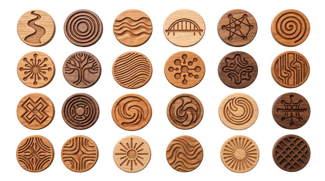 Wooden engraved icons set, 24 round timber tokens with nature and geometric symbols, carved wood coasters with organic patterns, rustic decorative elements