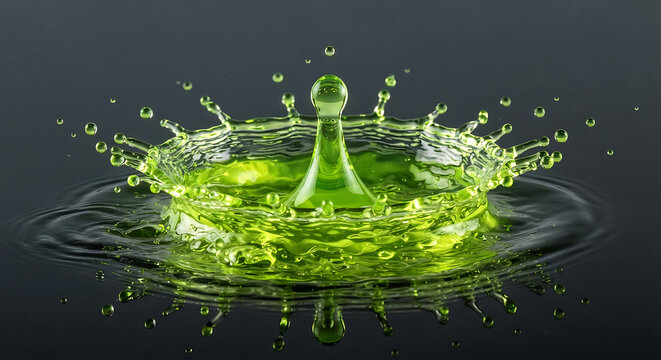 A single droplet hitting green liquid creating crown splash