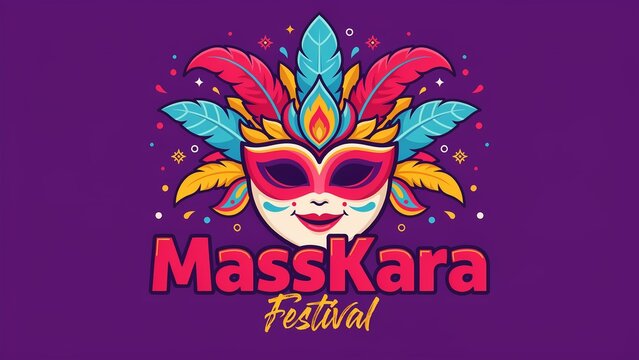 Colorful masskara festival mask with vibrant feathers and decorative patterns on purple background
