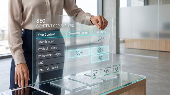 Businesswoman analyzing digital content gap for SEO and search marketing strategy on a transparent screen
