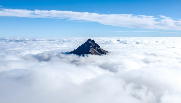 Isolated Mountain Peak Rising Above Cloud Cover in Clear Sky Atmosphere
