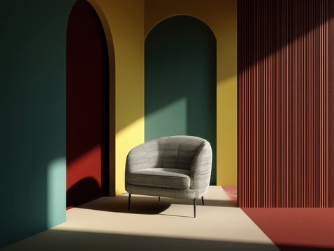 Contemporary Round Accent Chair Against Green Yellow and Red Arch Wall Decor