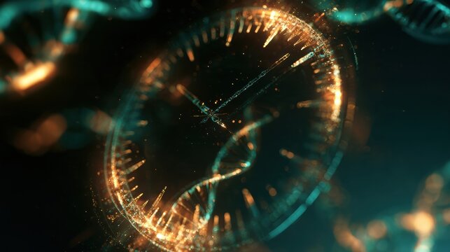 The image shows an abstract concept with a clock made of a glowing DNA strand. The telomere caps serve as clock hands against a dark background.