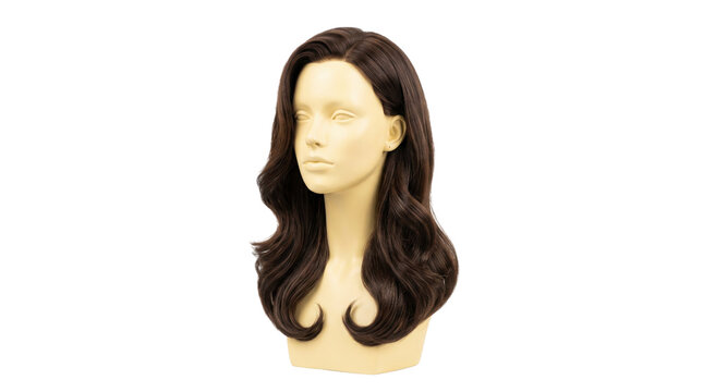 Brunette long wavy wig on mannequin head, dark brown synthetic hairpiece for cosplay and fashion, realistic female hair style isolated on white