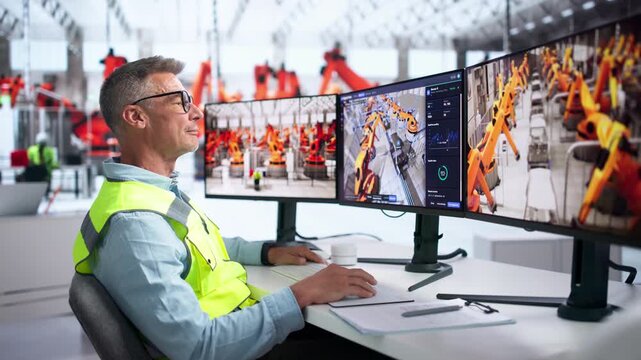 Engineer Analyzes Real-time 3D Factory Simulation