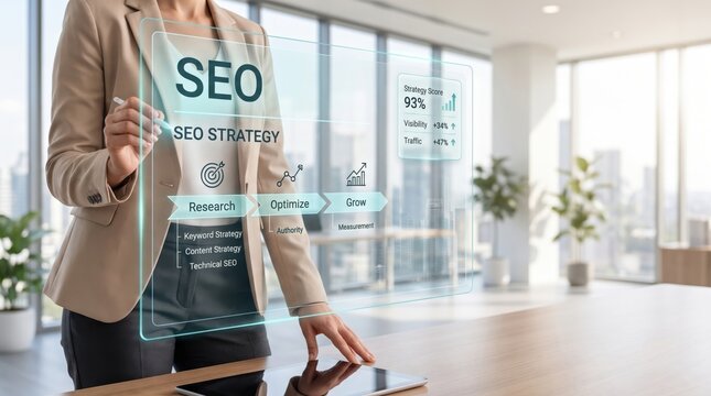Woman's hand interacting with SEO strategy interface for search marketing growth in modern office with bright window light
