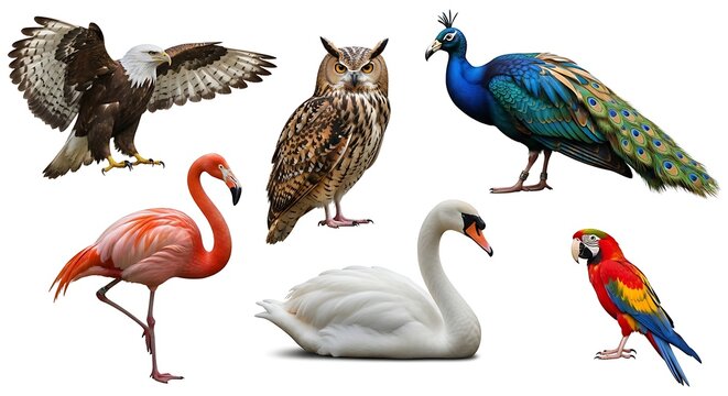 Set of colorful wild birds including an eagle, owl, peacock, flamingo, swan, and parrot isolated